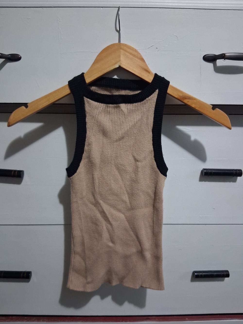 Ribbed Tank Top with Black Trim - Beige